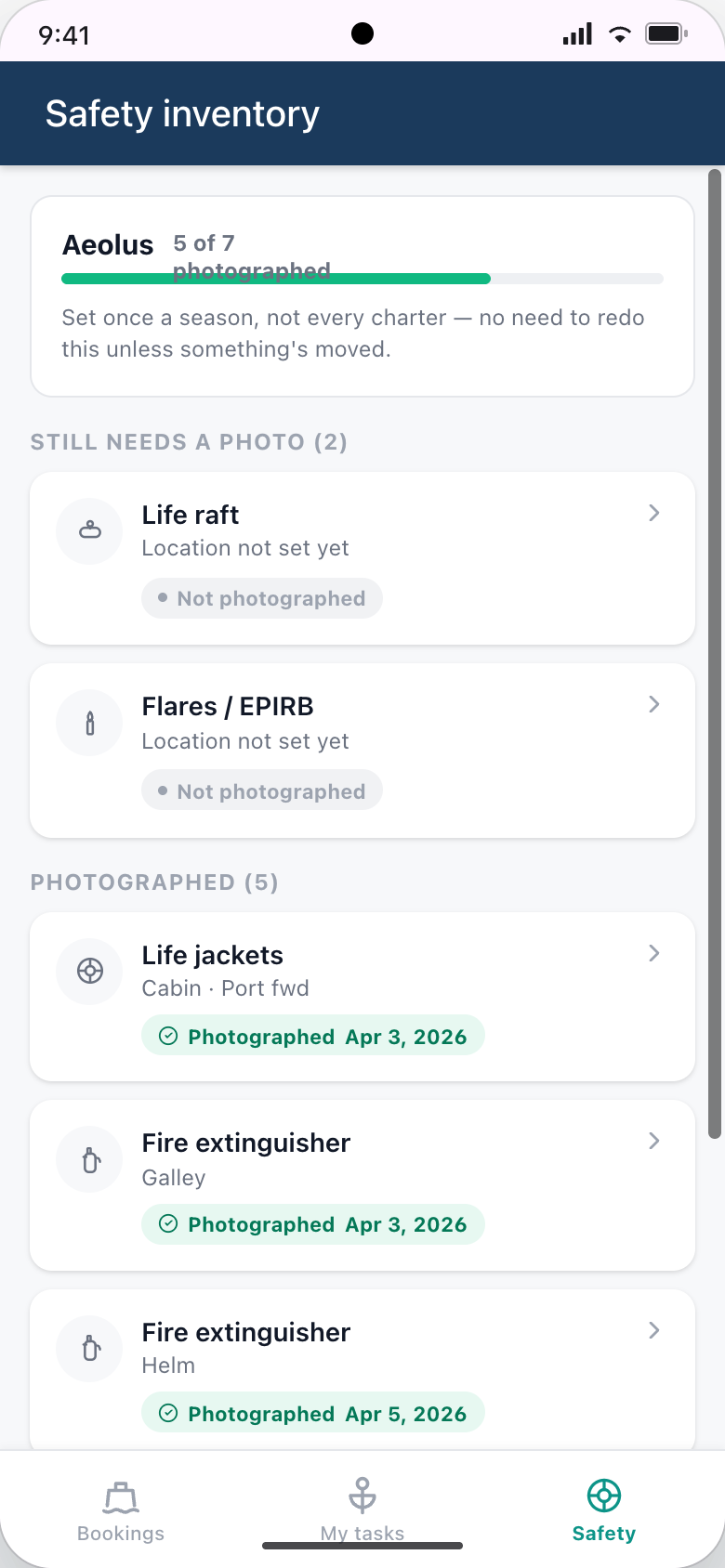 Fleet Mobile — Safety inventory list, still-needs-a-photo vs photographed