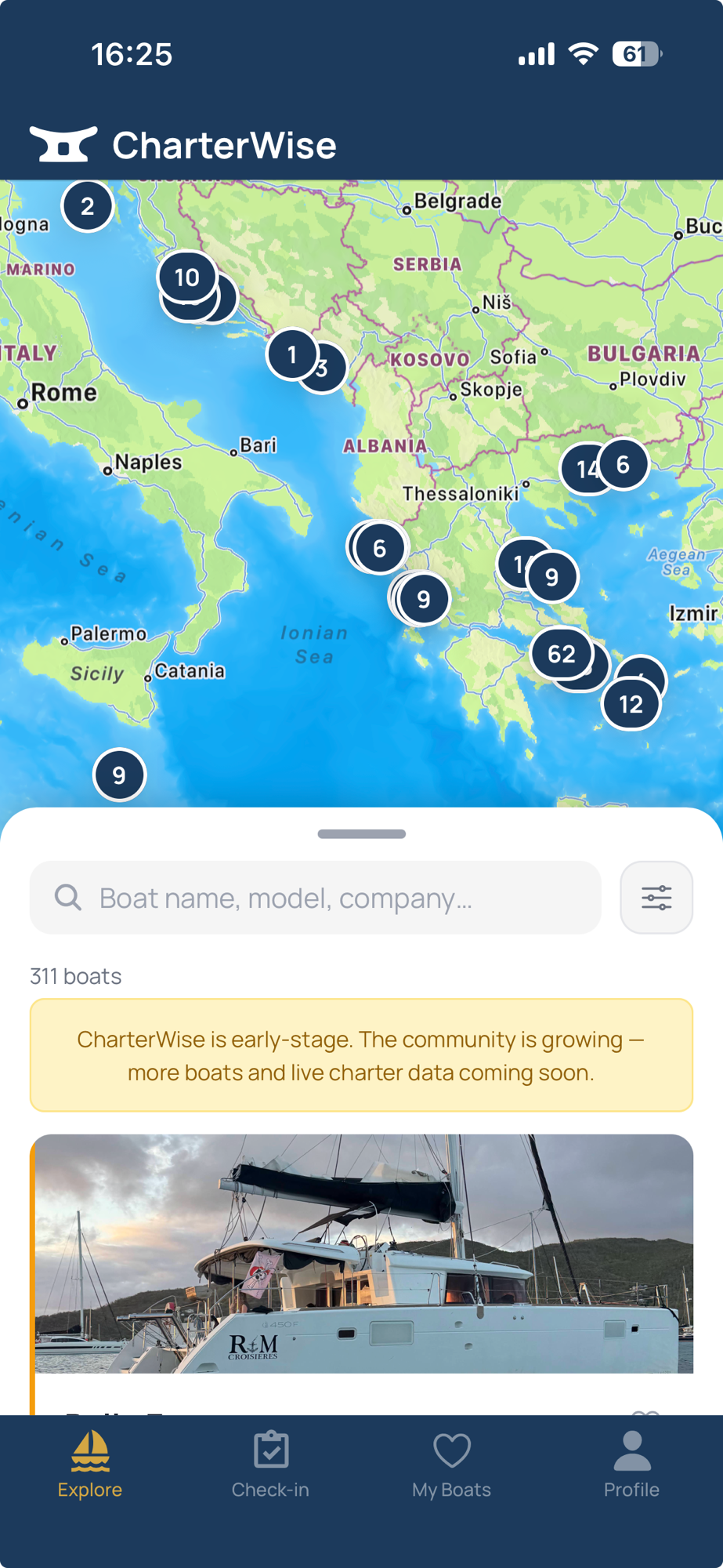 CharterWise Explore screen